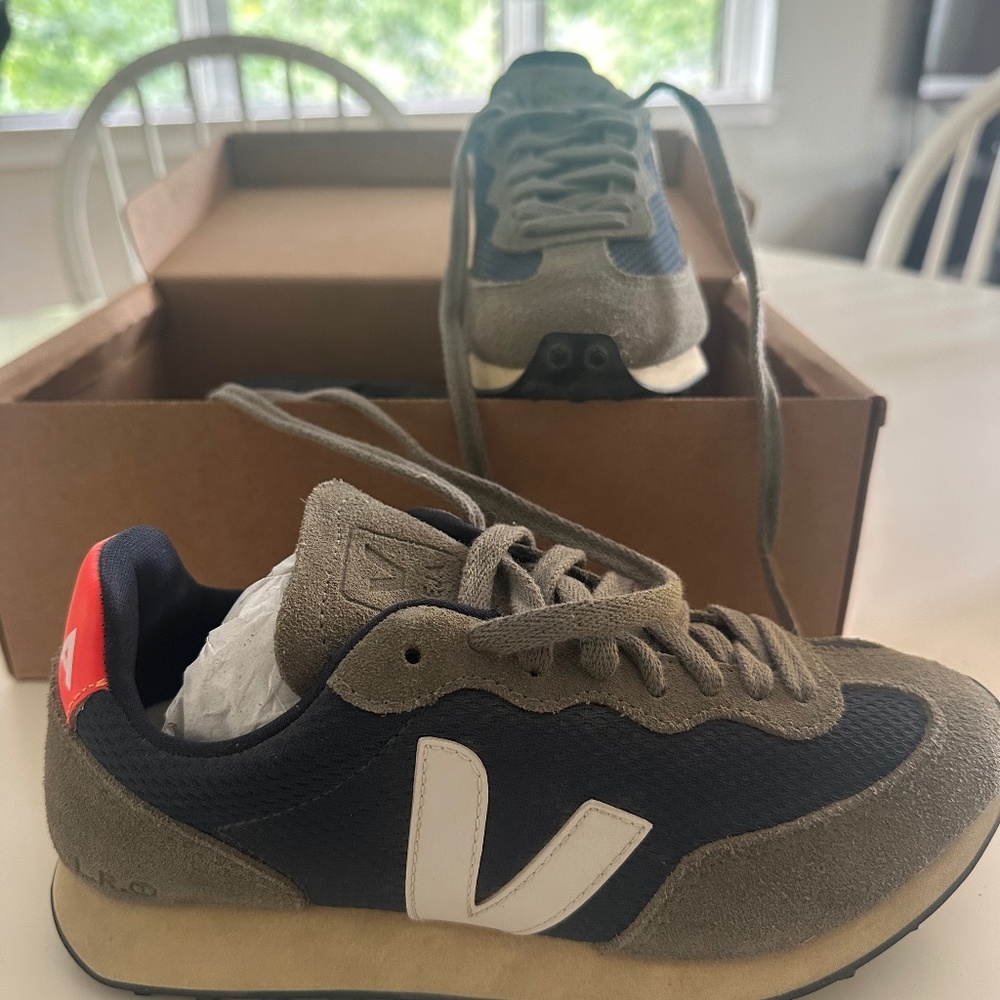 Veja Olive Green and Navy Suede Running Sneakers with Red Heel Tab